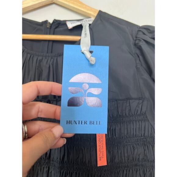 NWT Hunter Bell Arley Smocked Full Skirt Ruffle Puffed-Sleeve Black Mini Dress - Picture 6 of 8